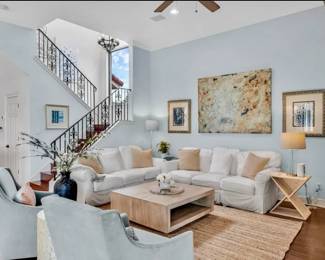 Ballard Designs sofas, pillows, side tables, lamps, West Elm glider chairs