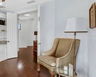Sam Moore leather nailhead, clawfoot chair, lamp, table