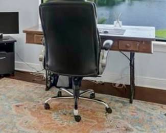 Vintage custom iron and solid wood desk, chair and rug