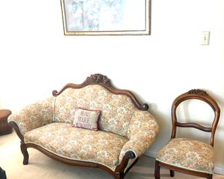 Victorian upholstered sofa and side chair