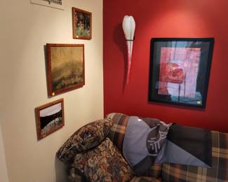 Framed art, photos, Karg glass and couch