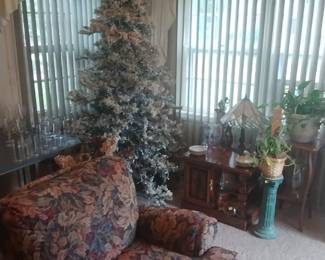 Flocked Christmas tree, among other treasures