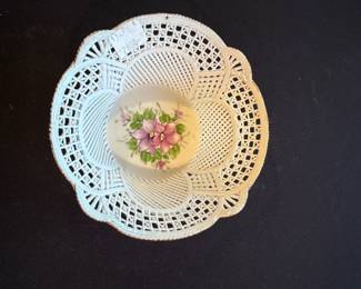 Sumi Romania Reticulated White Porcelain Bowl with Hand Painted Flowers 