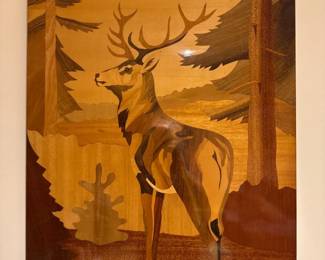 Marquetry Wood Inlay Deer in forest
