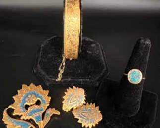 CT152V14k Gold Opal Ring, Vintage Pin And Clip On Set, 12k Gold Filled Hinged Bracelet