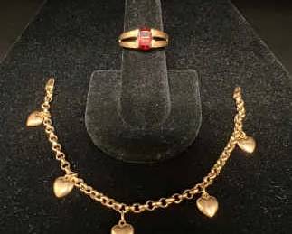 CT149V14k Gold Heart Charm Bracelet And Ring 