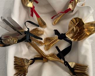 Gold Plated Flatware - service for 8 + complete serving pieces. Also Gold Chargers, variety of nice cloth napkins and table cloths. 