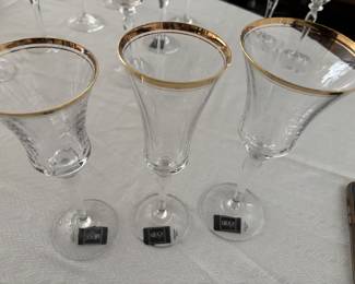 NEW and LIKE NEW - fine Jamestown Clear, Gold Trim Austrian Crystal - Sets of 9 and 7 - Water Goblets + Wine