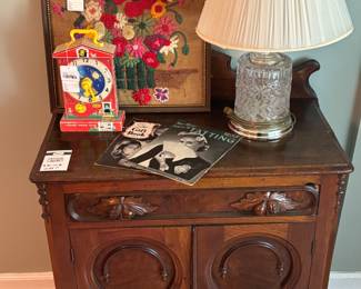 Antique Cabinet, Crystal Lamp, Fisher-Price Music Box