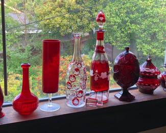 Red glass, some Bohemian cut glass