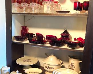 Kings Crown thumbprint goblets, ruby glass bowls, vases & goblets, more Pfaltzgraff