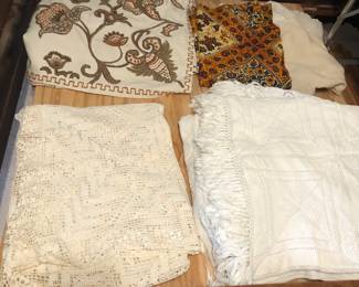 Bed linens: Kashmir crewel bedspread, crocheted bedspreads (2 popcorn stitch)