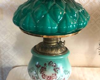 Electrified oil lamp with green glass shade 
