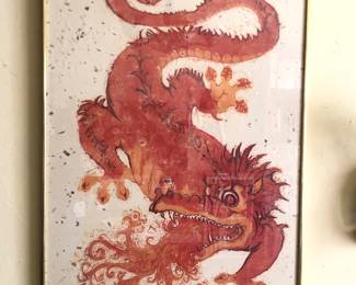 “Red Dragon” 1973 woodcut by Pennsylvania artist Martha H. Cawley (1940-2025), edition of 45, signed lower right