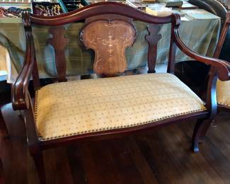 Antique settee with marquetry & mother-of-pearl inlay on back (44” long)