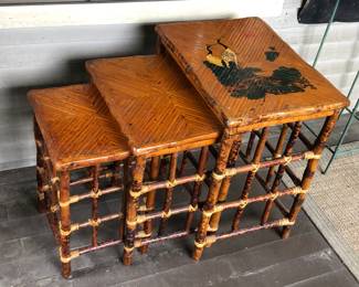 Set of bamboo nesting tables with painted birds (biggest one 15” x 20” x 23.5” tall)