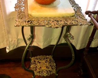 Ornate brass plant stand with marble top (29” tall, 12” square at top) - marble is damaged