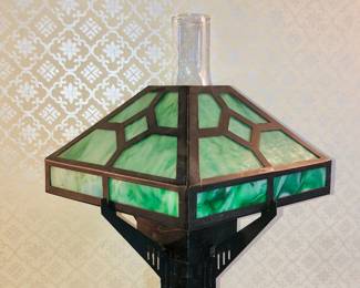 Arts & Crafts era oil lamp with green slag glass shade (28” tall, shade is 12” square)
