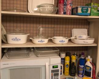 Corning Ware, funky microwave, cleaning supplies