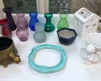 Colorful bulb vases, brass turtle planter, turquoise posey ring, ceramic planters