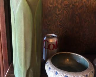 Pottery: Roseville 12” Velmoss vase, circa 1916 (has hairline at top rim), Roseville Mostique bowl