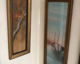 Japanese painting of tree on planed hand woven wood (19” long), signed painting of Chinese junk (boat) 21” long