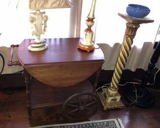 Dropleaf tea trolley, Florentia gilt spiral pedestal or plant stand (38” tall)