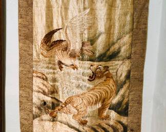 Silk embroidered textile with eagle & tiger (28” x 40”)