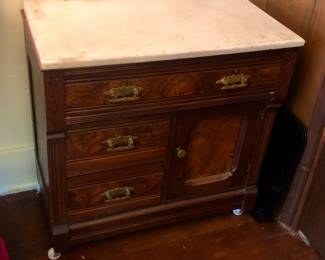Antique marble top washstand (29”L, 16”D, 29”H)