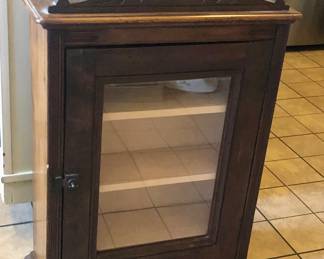 Antique wooden cabinet with hinged door (20.5”W, 7.5”D, 30”H) - can hang or sit