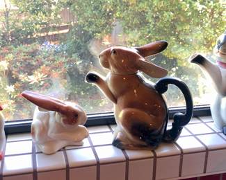 Animal planters & teapots - rabbit teapot is Erphila Germany, cat teapot is musical
