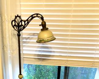 Old bridge lamp with hand painted shade (needs re-wiring), folding luggage rack, fun stained glass