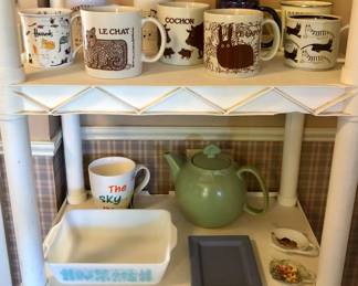 Vintage Taylor & Ng mugs including Le Lapin (fornicating bunnies), Harrods cat mug, Pyrex Amish Butterprint 0503 baking dish, chartreuse Chantal teapot
