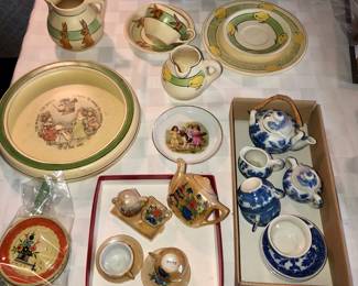 Old Roseville children’s dishes with bunnies & chicks, vintage doll dishes 