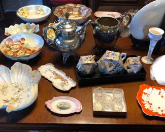 More hand painted bowls, antique Aesthetic Movement silver plate coffee pot,  Japanese tea set, cut crystal salt cellars, hand painted Art Nouveau vase
