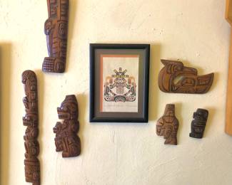 Wood carvings by Coast Salish Squamish Nation artist Richard Krawchuk, signed print by Richard Hunt (9” x 12” framed) 