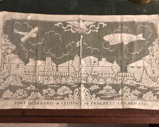 Lace dresser scarf: “Fort Dearborn, Century of Progress, Chicago 1933 (World’s Fair) - with dirigible!