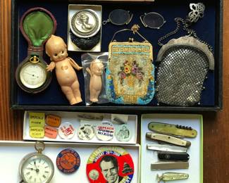 Hardy Tycos barometer with case, celluloid Kewpies, beaded & metal mesh purses, political buttons, pocket knives 