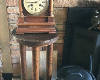 Antique burr walnut clock (15” tall), old wooden pedestal with 4 columns (23” tall)