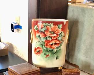 Antique Eastlake side table, inlaid wooden boxes, Limoges waste basket with hand painted poppies (damaged) 
