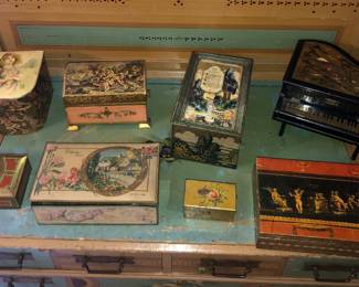 Old tins, Florentine jewelry boxes, piano music box 