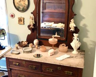 Antique dresser with marble top & carved mirror (42”L, 20”D, 31” to marble surface, 79” tall overall) 