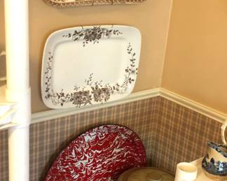 Transferware platters, red granite ware plates, 2 gallon Western Stoneware crock with lid