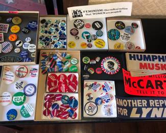 Vintage political buttons + bumper stickers including some anti-Vietnam War ones