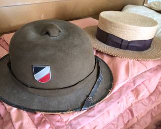 German WW2 pith helmet (not a repro), old straw boater (hat) by Brigham-Hopkins, Baltimore