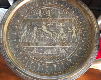 Brass tray - inlaid with Egyptian inspired scenes 