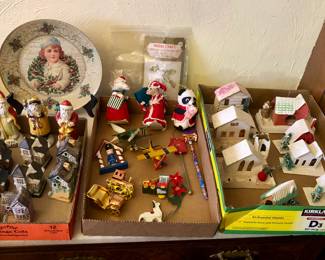 Xmas ornaments & ceramic houses, vintage Putz Xmas houses 