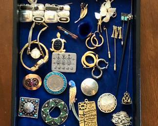 Case items: sterling rings with semi-precious stones, vintage dress clips, Movado 14K ladies watch:  earrings, pins & pendants, Victorian mosaic brooch, 1901 Pan American Expo souvenir buckle with Native American (gold color)