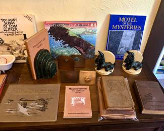 Bookends (marble, copper + Scottie dogs) interesting old  books (Elbert Hubbard, Mission Furniture, etc.)