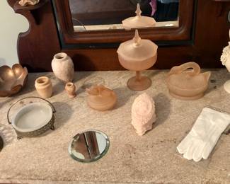 Copper bowl, pink glass figural vanity  jars, small marble vases